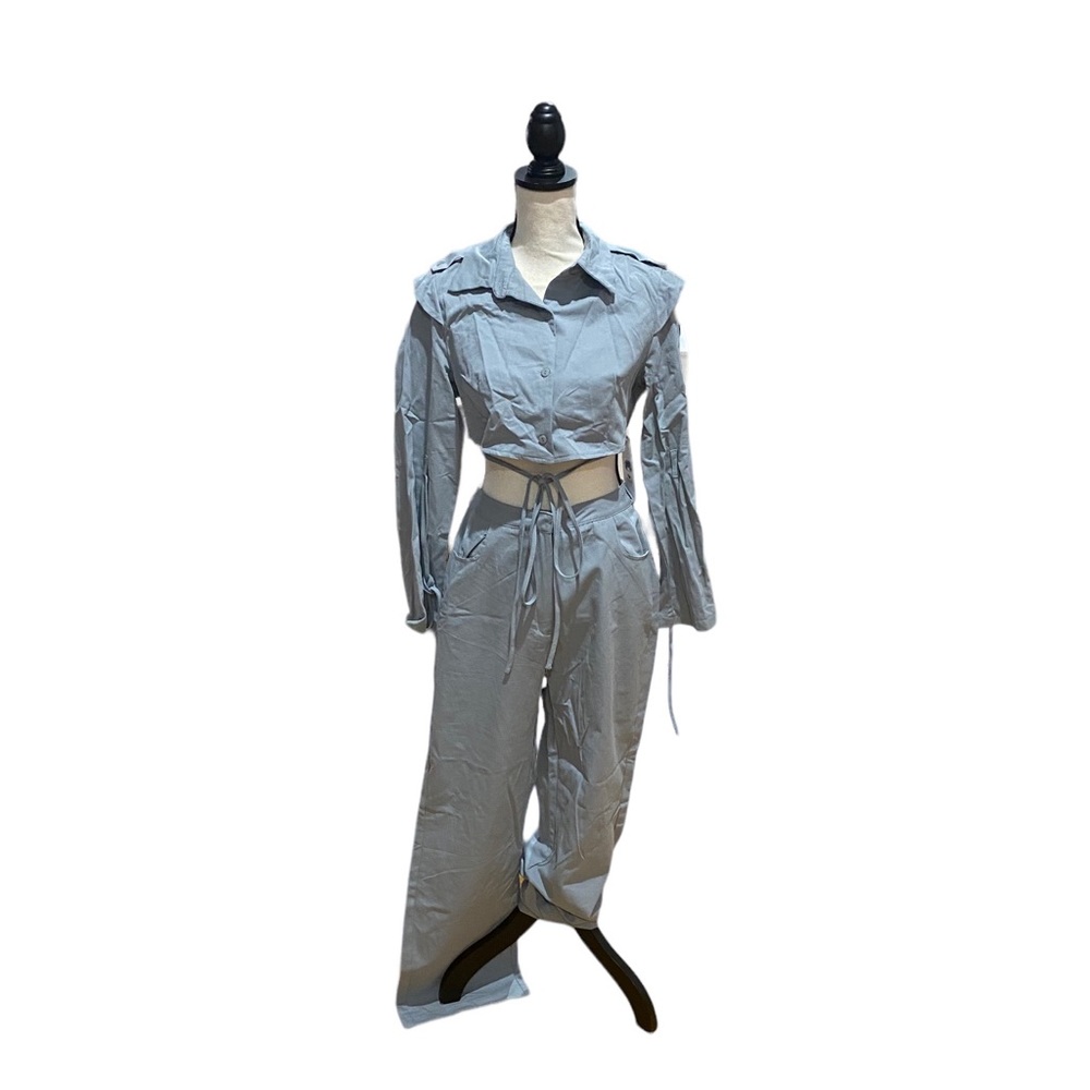 Cropped Blazer Top and Tie High Waist Pants Set - Picture 1 of 2